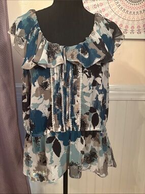 Blue Floral Ruffle-Neck Peplum Blouse